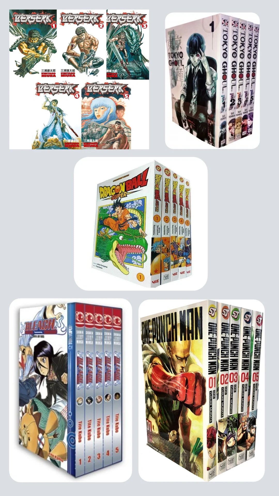 Shonen & Seinen Essentials Bundle β Vol. 1-5 of 5 Legendary Series π₯ With Bonus Manga Wall Framed Poster! Dragon Ball 1-5 || One Punch man 1-5 || Bleach 1-5 || Tokyo Ghoul 1-5 || Berserk 1-5 ||